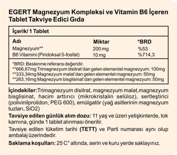 Egert Magnezyum Kompleksi ve Vit B6 (60 Tablet)